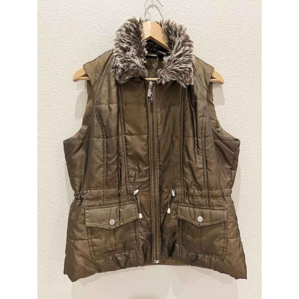 Jane Ashley Faux Fur Collar Quilted Puffer Vest Brown Large Vintage Gorpcore Y2K
